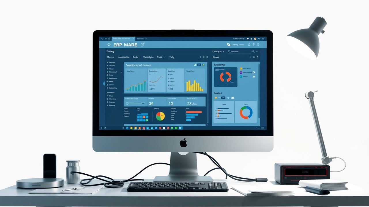 Een moderne kantooromgeving met computer en ERP-softwareinterface. Een moderne kantooromgeving met computer en ERP-softwareinterface.
