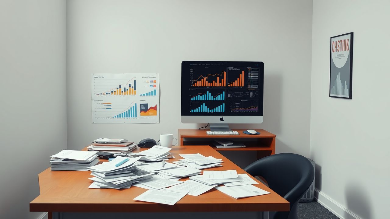 Een rommelig kantoor met een druk bureau en computer.