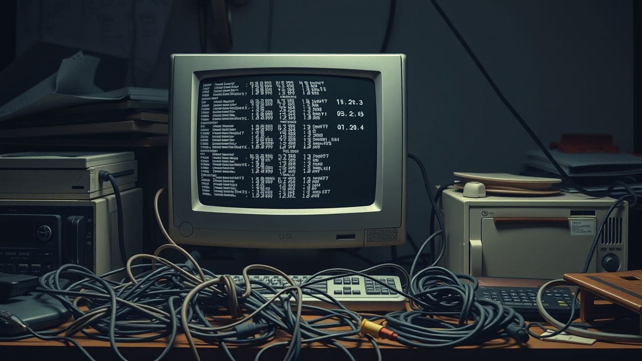 Een rommelig kantoor met verouderde computerapparatuur en chaotische bedrading.
