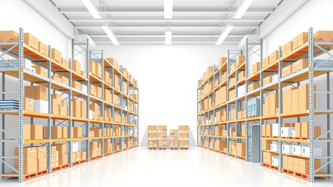Een georganiseerd e-commerce magazijn met diverse voorraad en geïntegreerd ERP-systeem.