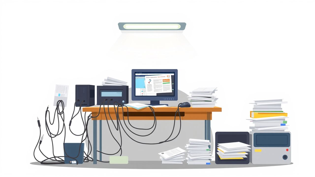Een rommelig kantoorbureau met verouderde handleidingen, kabels en papierwerk.