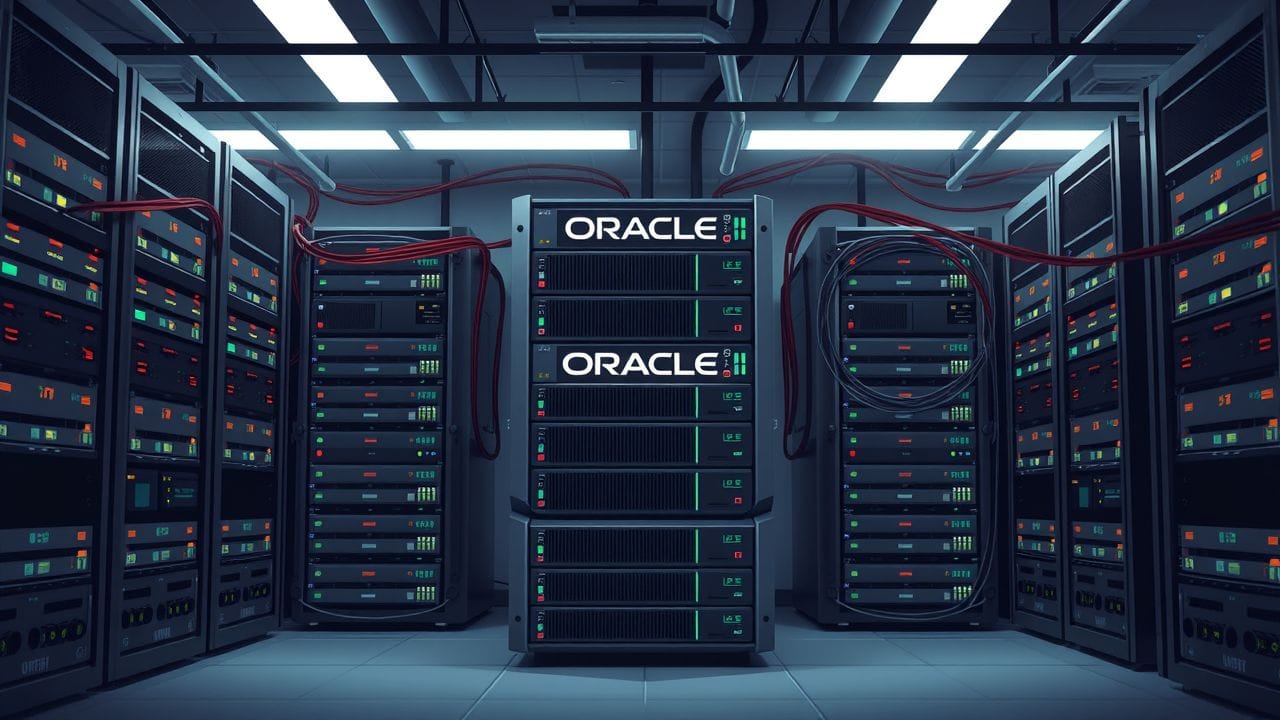 Een Oracle Database Server in een serverruimte met stapels dataservers.