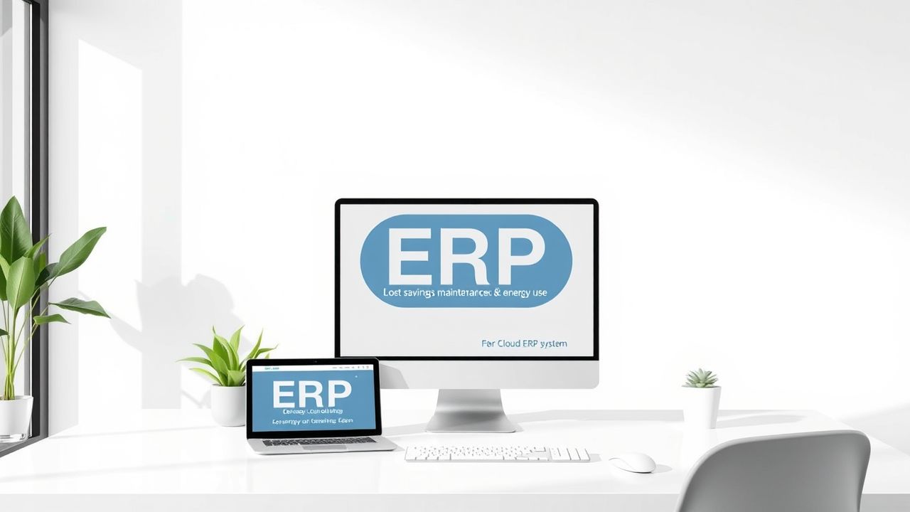 Een moderne kantooromgeving met een georganiseerd Cloud ERP systeem op verschillende apparaten.