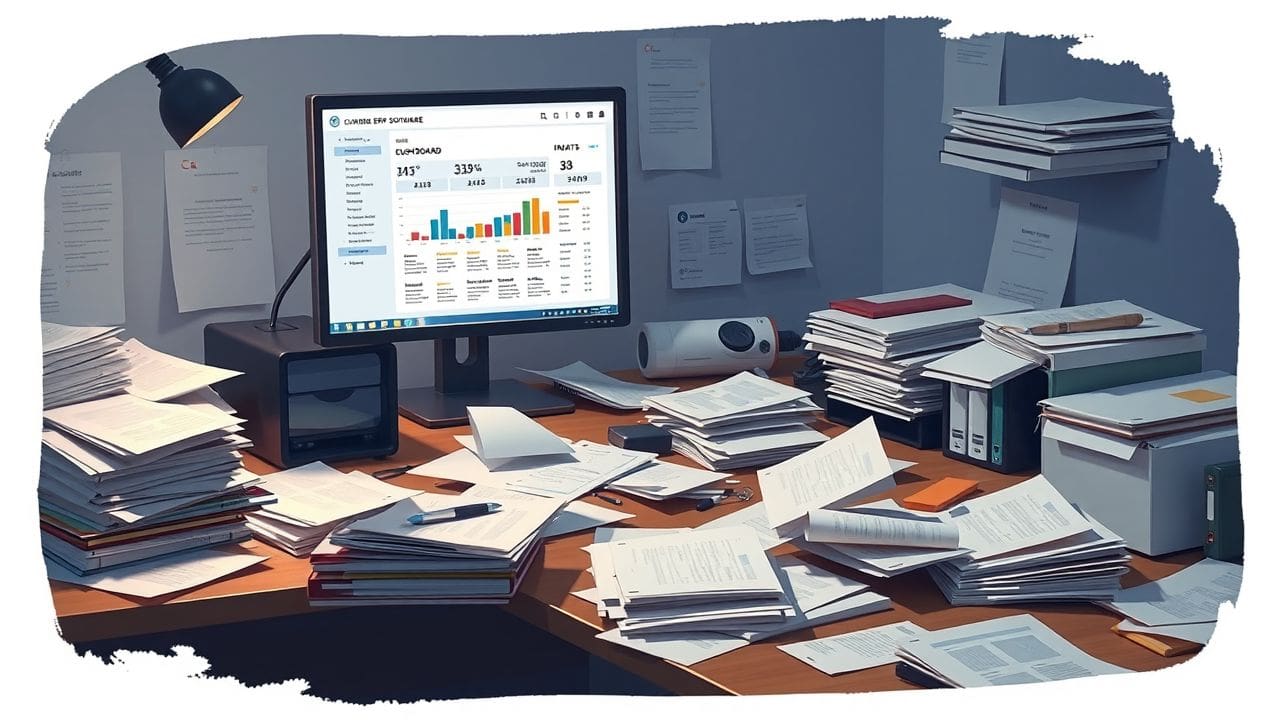Een rommelig kantoor met een ERP-software dashboard op de computer.