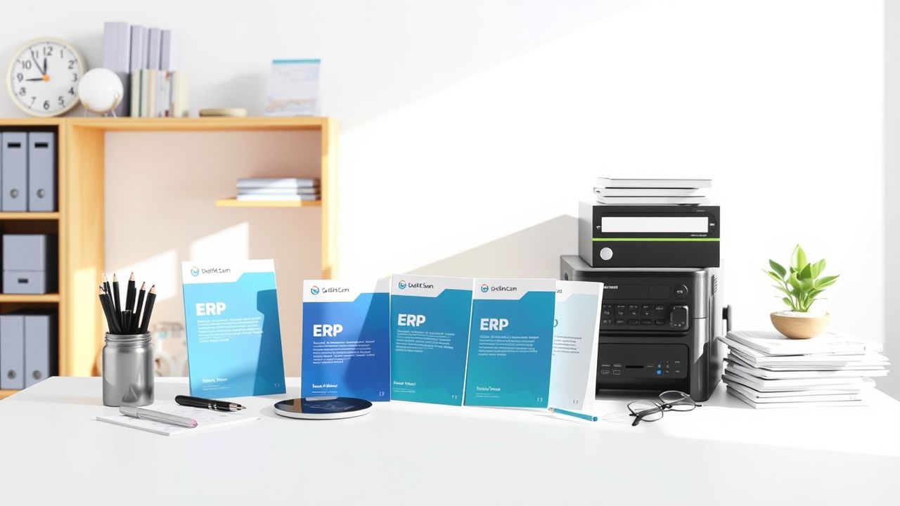 Een rommelig kantoorbureau met ERP Quick Scan oplossingsbrochures.